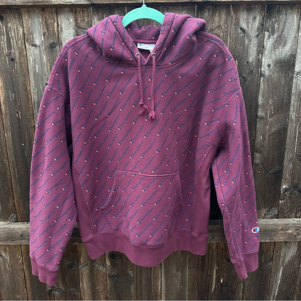 Champion Woman’s Reverse Weave Cotton Logo Print Maroon Sweatshirt Hoodie XL